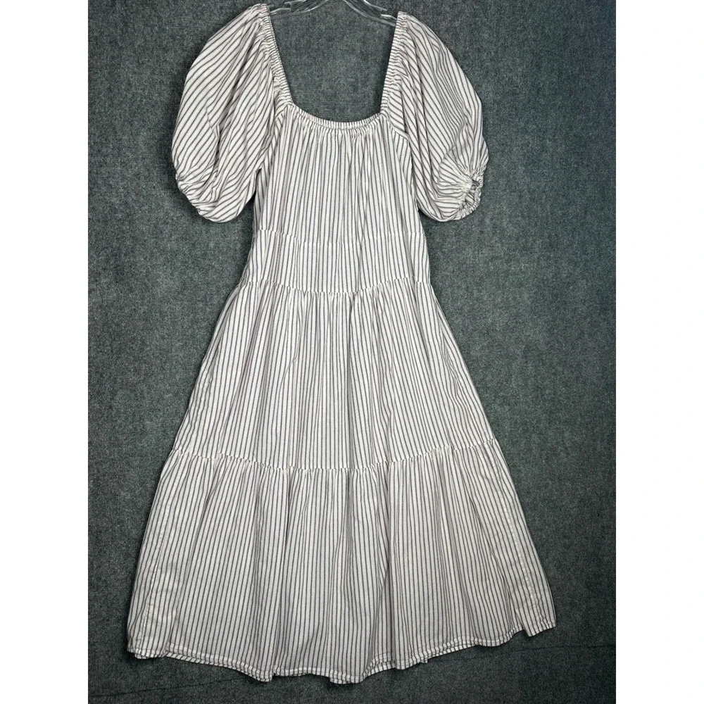 ASOS Womens Coastal Tiered Puff Sleeve Maxi Dress Striped White Size 8 Cotton - Picture 8 of 12